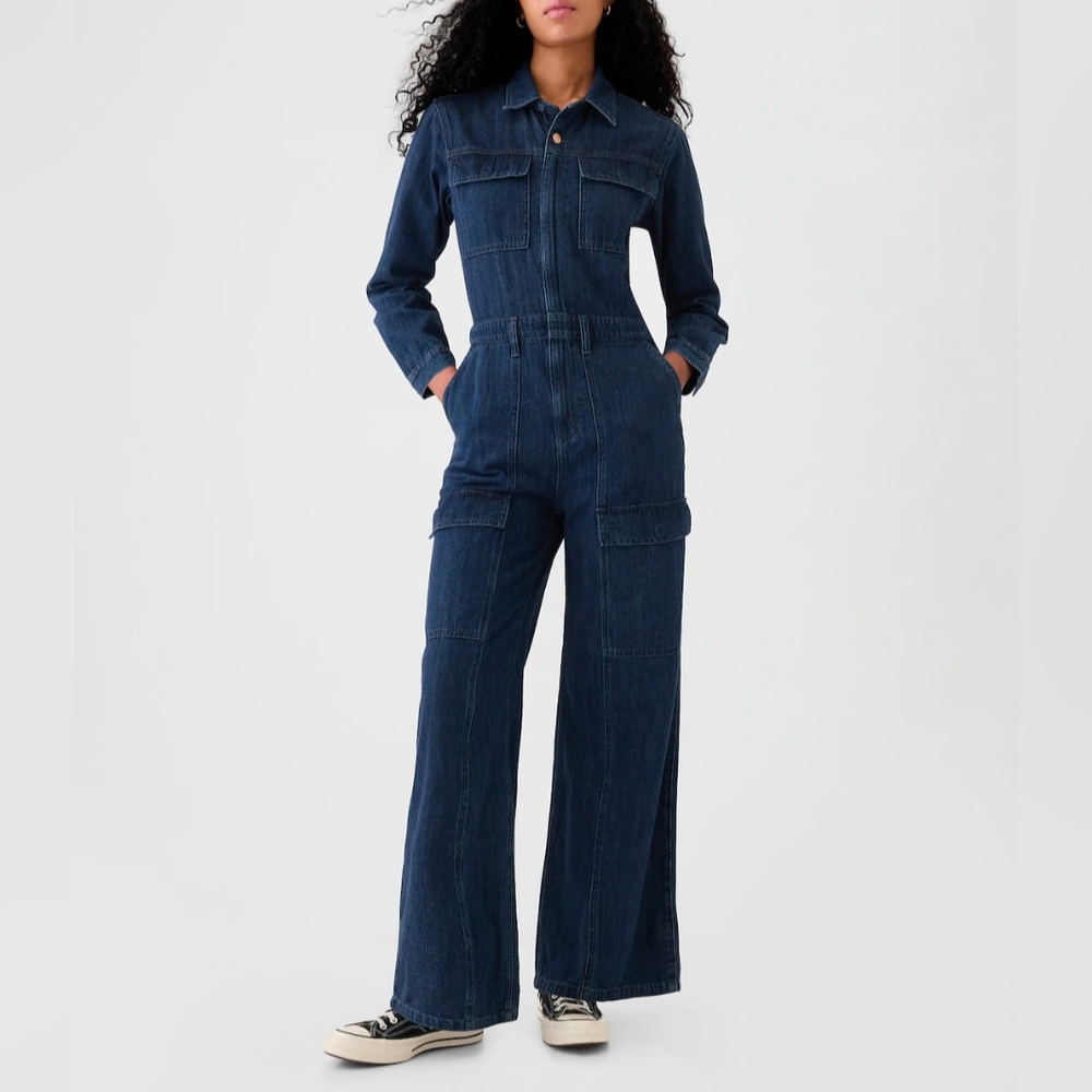 Gap Cargo French Workwear Dark Blue Denim Wide Leg Jumpsuit Retro 70s